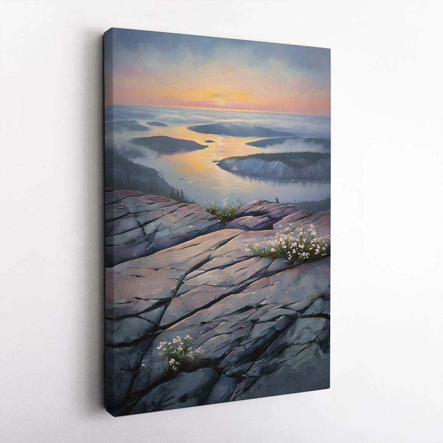 Mountain Sunset Vertical Canvas | Serene River Valley Painting Print | Premium 1.25" Gallery-Wrapped Wall Art | Gift for Nature Lovers