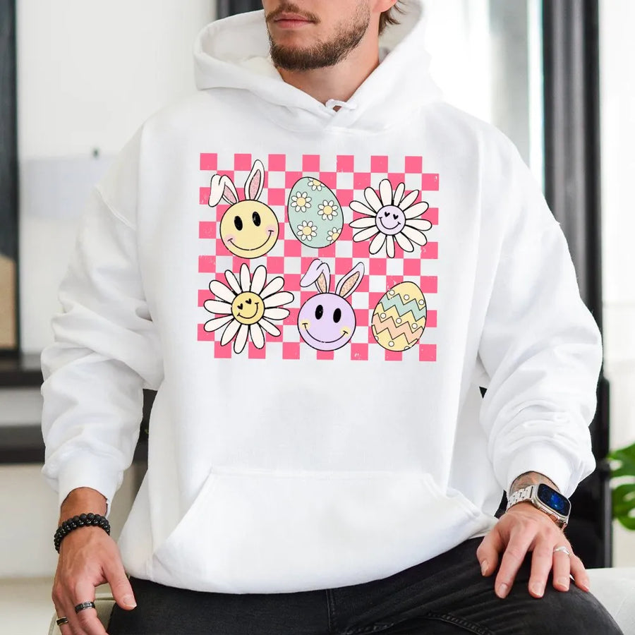 Easter Bunny Hoodie | Retro Checkerboard Smiley Design | Premium Cotton Blend | Cute Spring Holiday Gift for Adults