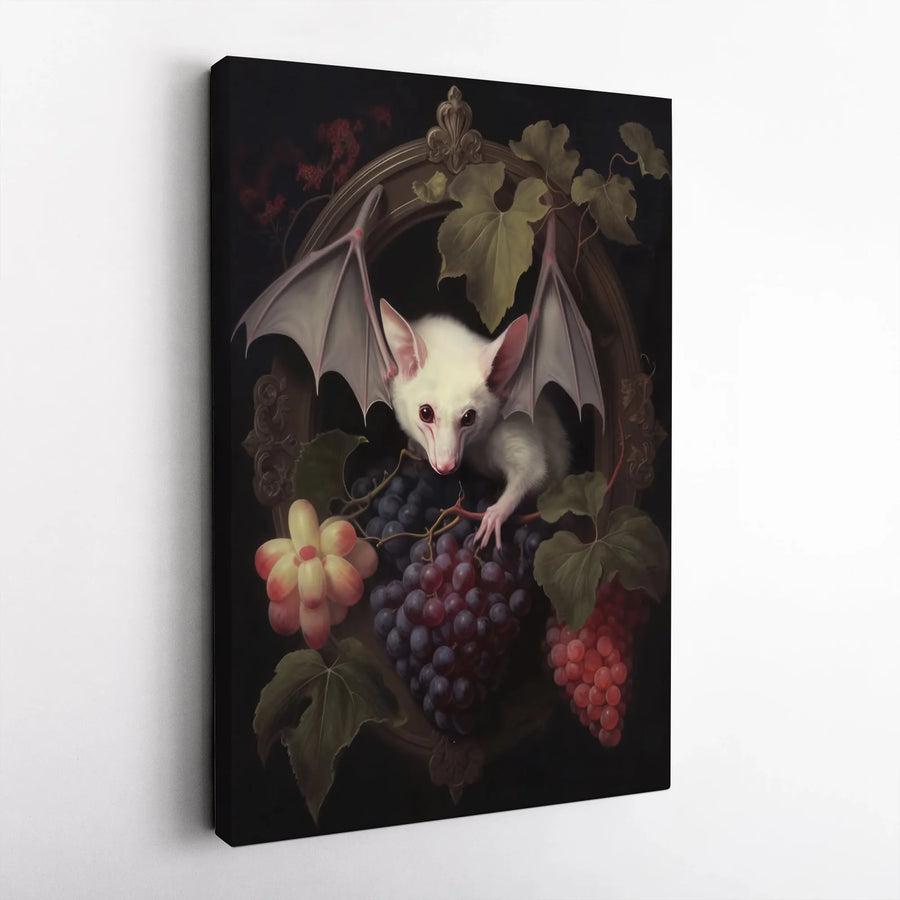 Gothic Albino Bat Canvas Wall Art | Still Life Fruit Painting | Premium Gallery Wrapped Decor | Dark Academia Gift for Bat Lovers