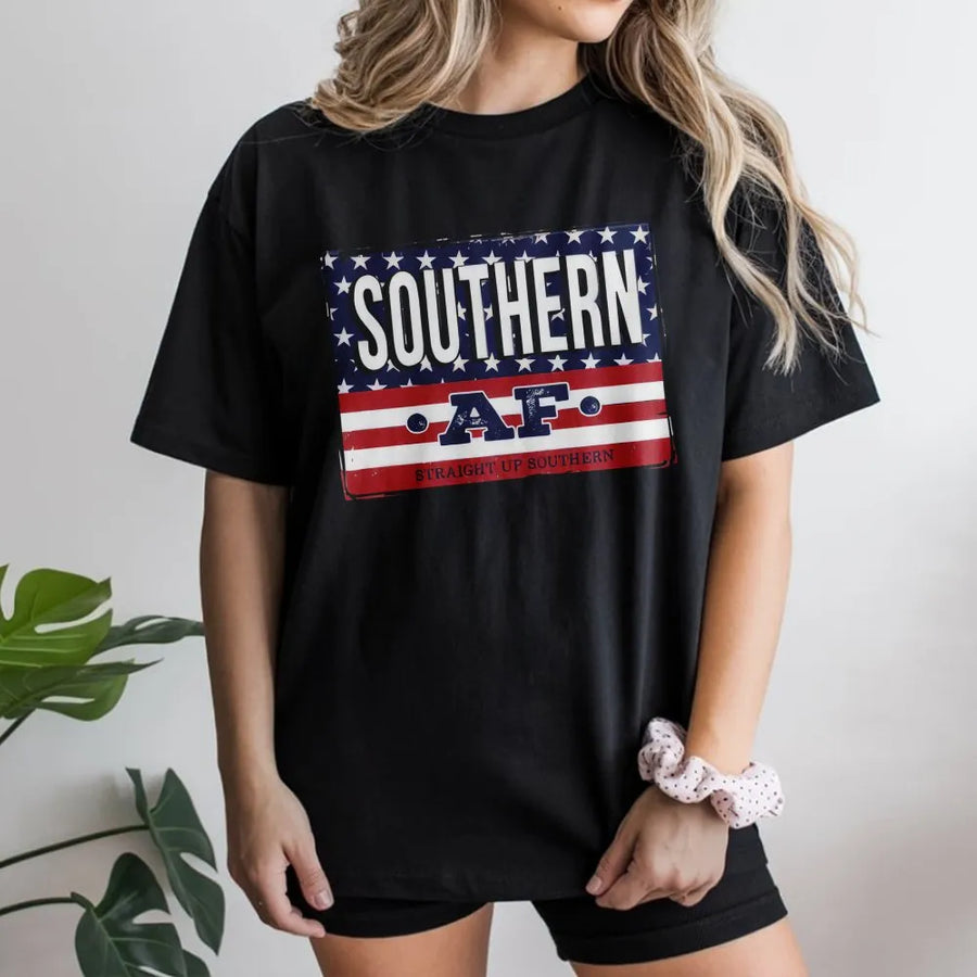 Southern AF Graphic T-Shirt | Distressed American Flag Design | Premium Soft Cotton | Funny Southern Pride Gift for Southerners
