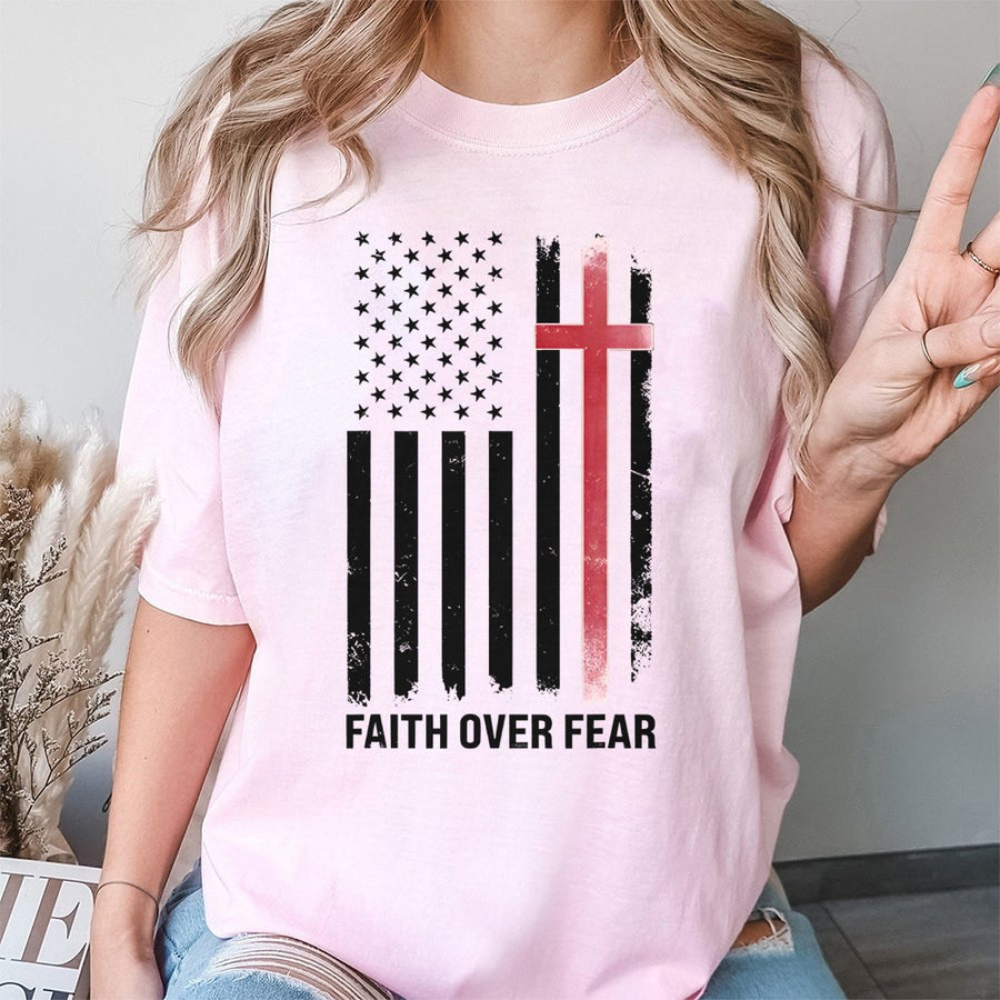 Faith Over Fear T-Shirt | American Flag Christian Cross Graphic | Premium 100% Cotton Tee | Inspirational Religious Patriotic Gift for Men and Women
