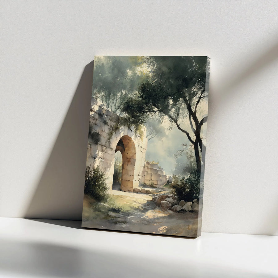 Ancient Ruins Vertical Canvas | Watercolor Stone Archway Painting | Premium Gallery Wrap Wall Art | Living Room Decor Gift for History Lovers