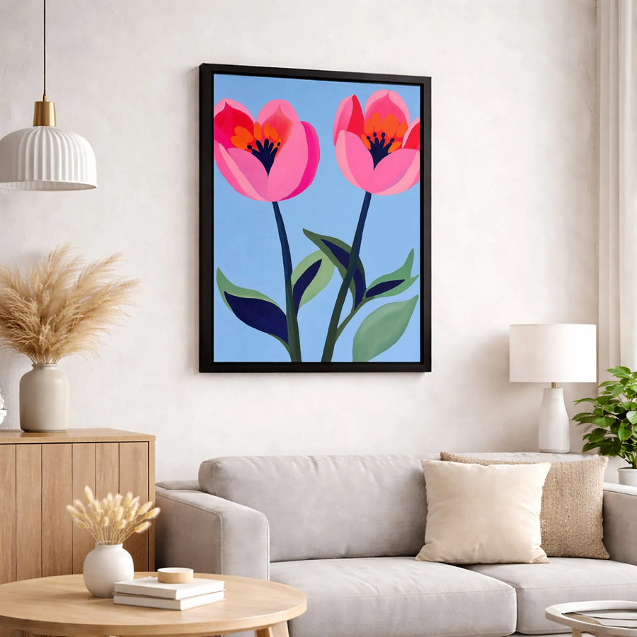 Pink Tulip Floral Canvas Wall Art | Modern Botanical Illustration | Premium Fade-Resistant Gallery Print | Minimalist Living Room Home Decor