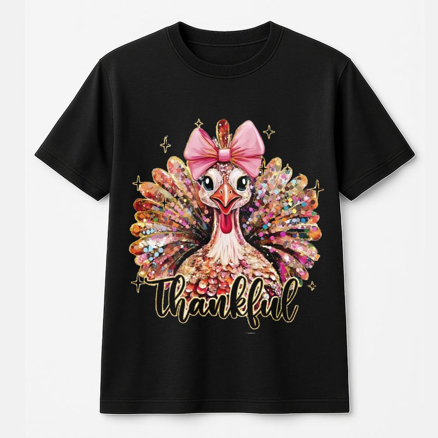 Thankful Turkey T-Shirt | Coquette Aesthetic Pink Bow Fall Graphic | 100% Premium Cotton Tee | Thanksgiving Gift For Women And Girls