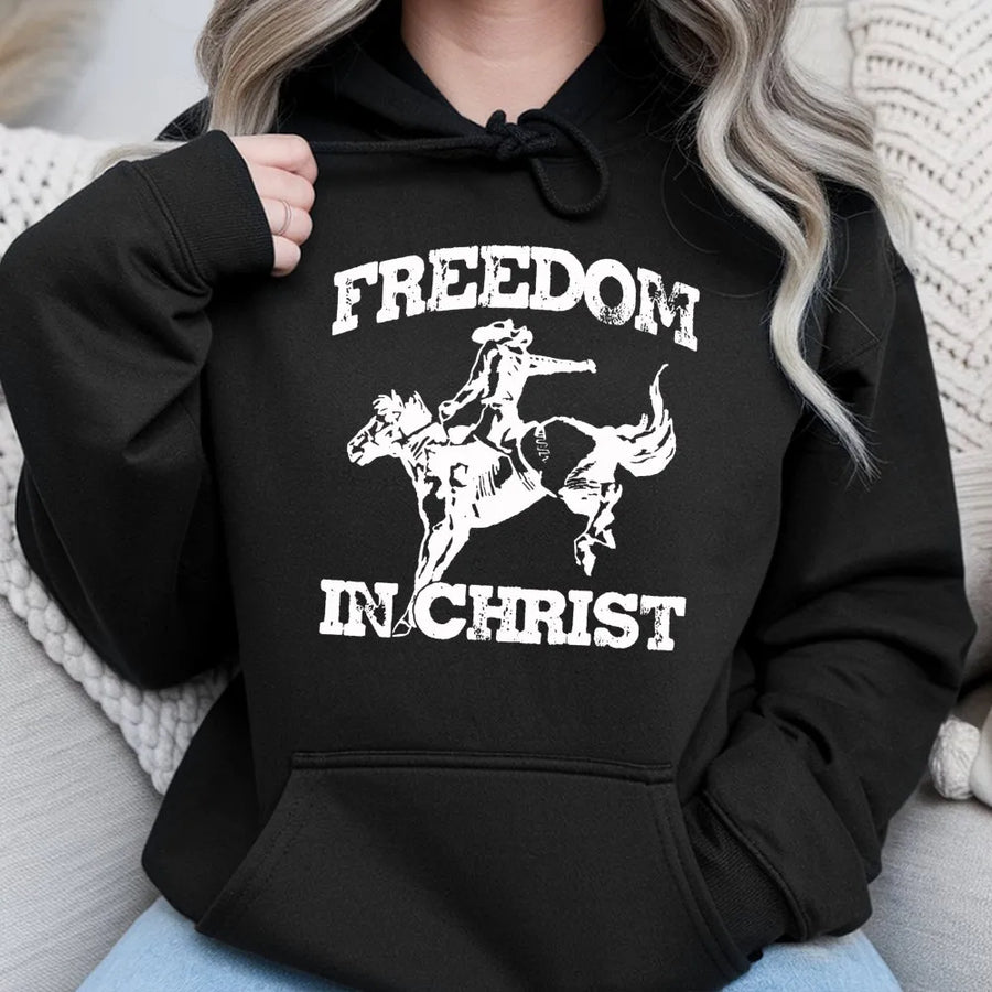 Freedom In Christ Hoodie | Western Cowboy Horse Graphic | Premium Cotton Blend | Christian Faith Gift for Men and Women