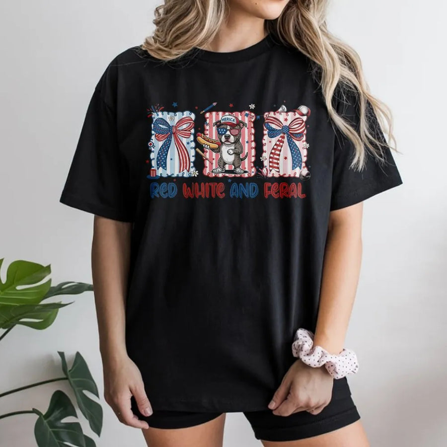 Red White and Feral T-Shirt | Funny Patriotic Dog Graphic Sweatshirt | Premium Cotton-Blend Pullover | 4th of July Gift for Dog Mom