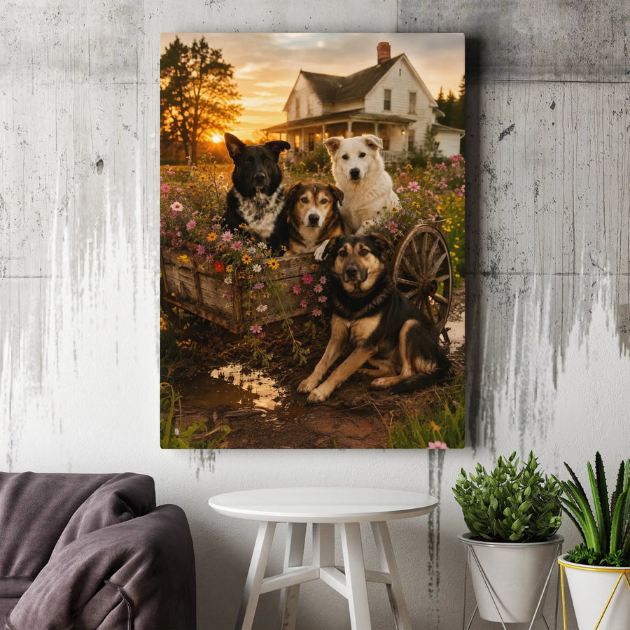 Farmhouse Dogs Vertical Canvas | Rustic Wagon Wildflowers Sunset Art | Premium 1.25 Inch Gallery Wrap | Warm Dog Lover Gift, Country Home Decor