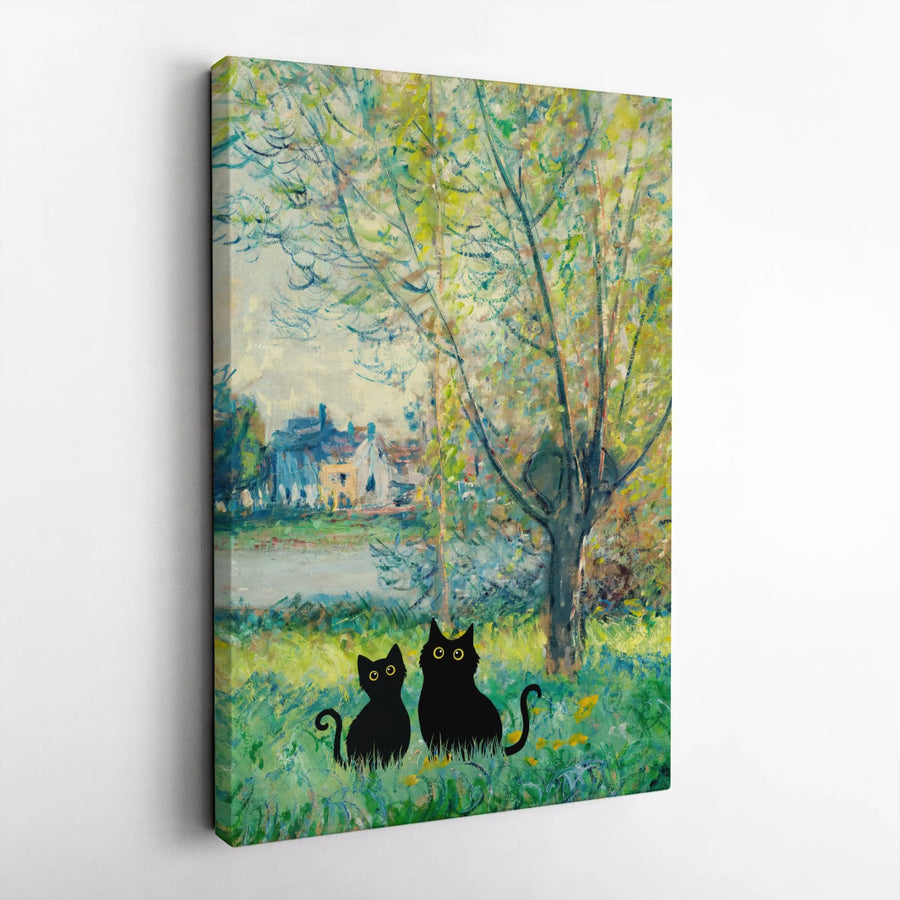 Black Cat Canvas Wall Art | Impressionist Monet Garden Style | Gallery Wrapped Premium Print | Whimsical Home Decor Gift for Cat Lovers