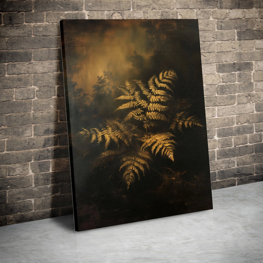Golden Fern Botanical Canvas Print | Moody Dark Academia Wall Art | Premium Gallery-Wrapped Gallery Quality | Minimalist Nature Home Decor Gift
