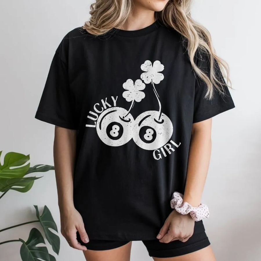 Lucky Girl T-Shirt | Eight Ball Cherry Clover Design | Premium 100% Cotton Tee | Retro Y2K Style St Patrick's Day Gift for Her