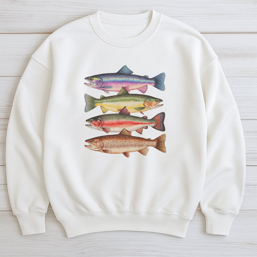 Trout Fish Sweatshirt | Colorful River Fishing Graphic | Premium Cotton Blend Crewneck | Fly Fishing Gift For Anglers