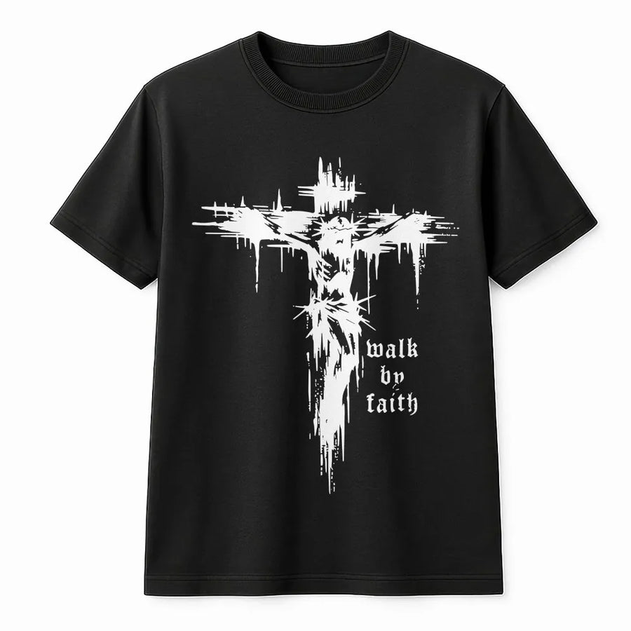 Christian Cross T-Shirt | Walk by Faith Grunge Graphic Sweatshirt | Premium Cotton-Blend | Religious Gift for Men and Women