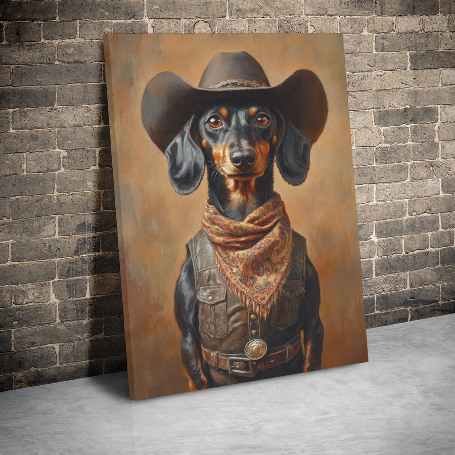 Dachshund Cowboy Canvas Wall Art | Funny Western Dog Portrait | Premium 1.25" Gallery Wrap | Unique Gift for Dog Lovers