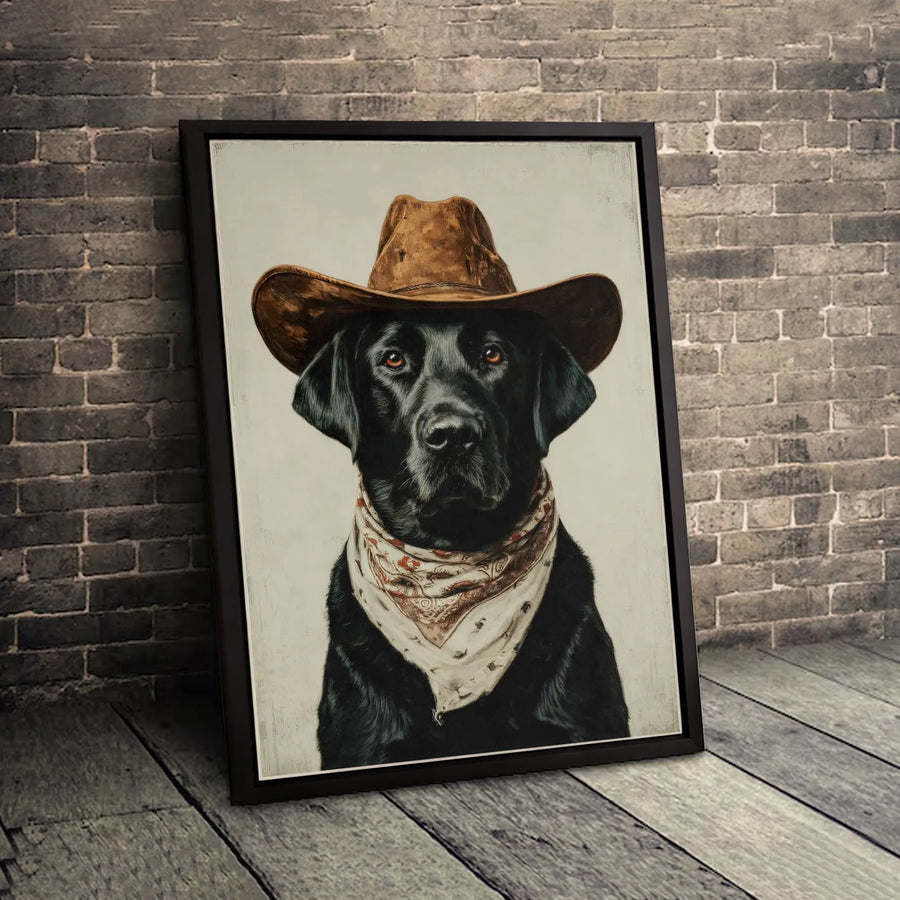 Black Labrador Canvas Art | Cowboy Dog Western Portrait | Premium Gallery Wrap Wall Decor | Unique Gift for Dog Lovers