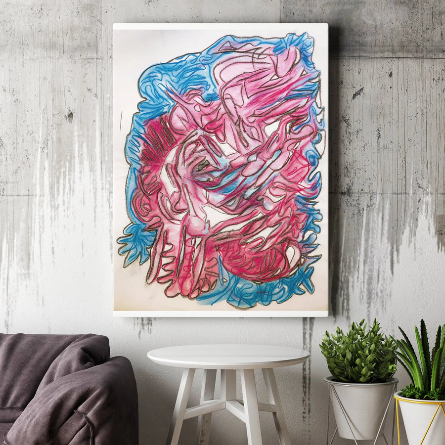 Abstract Line Art Canvas Print | Pink and Blue Modern Sketch | Gallery-Quality Framed Wall Decor | Minimalist Living Room Interior Design