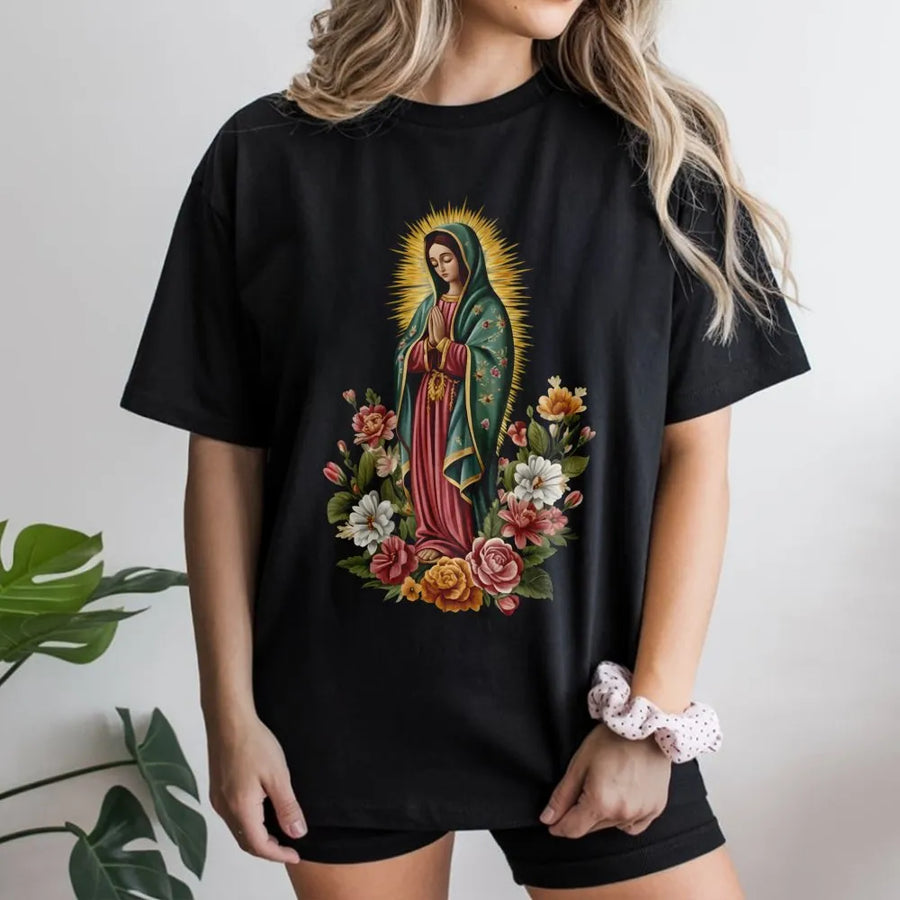 Our Lady Of Guadalupe T-Shirt | Floral Virgin Mary Religious Graphic | Premium Cotton Catholic Apparel | Faith-Based Gift For Women And Men