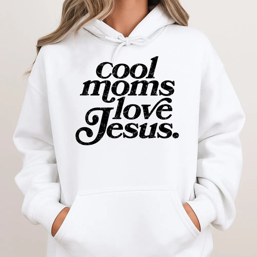 Cool Moms Love Jesus Hoodie | Retro Distressed Faith Graphic | Soft Cotton Blend Pullover | Christian Mom Gift