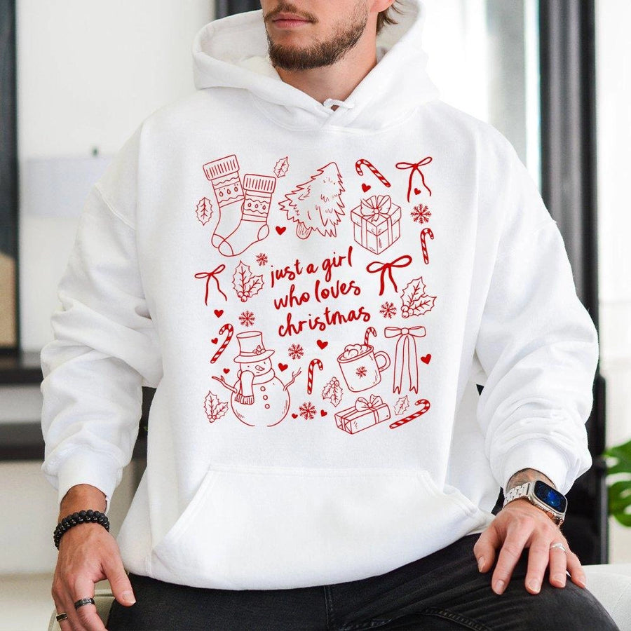 Just A Girl Who Loves Christmas Hoodie | Coquette Bow Holiday Aesthetic | Soft Cotton-Poly Blend | Festive Xmas Gift For Her