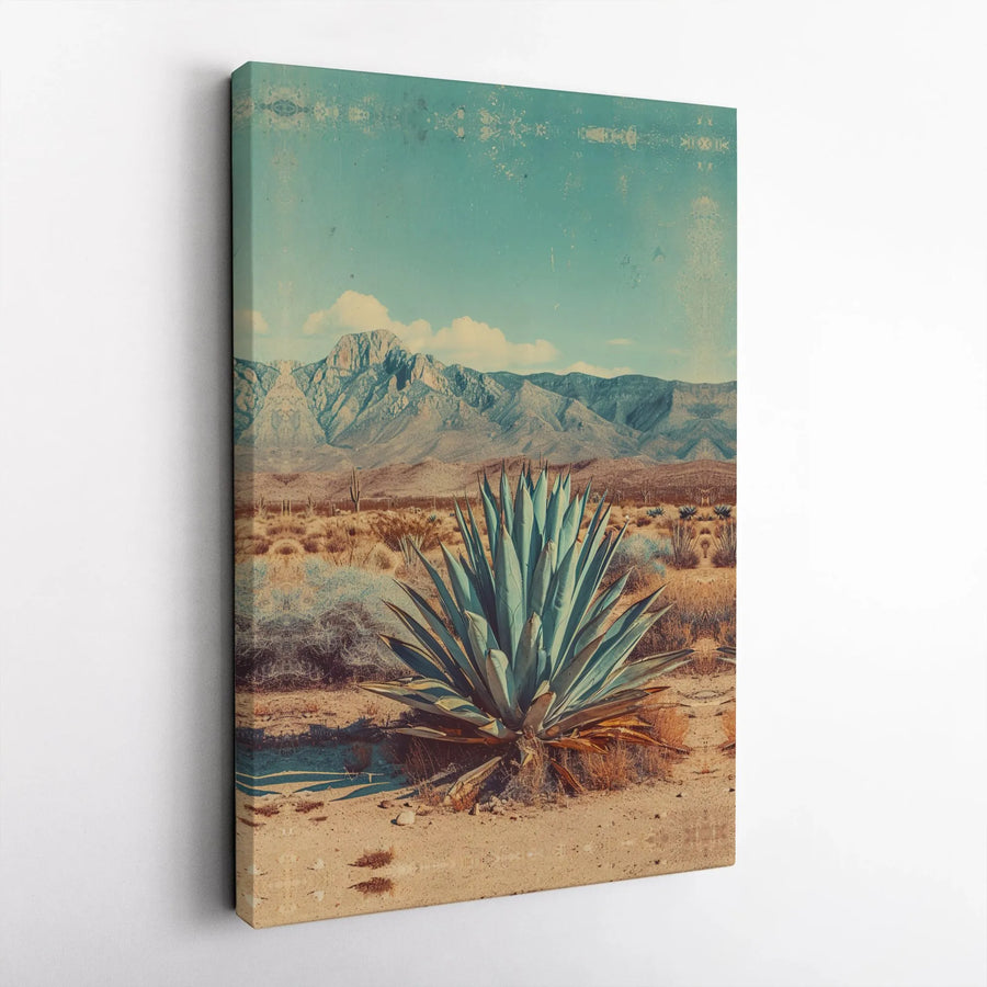 Vintage Desert Landscape Canvas Art | Southwestern Agave Plant Mountain View | Premium Gallery Wrap Wall Decor | Southwestern Home Office Gift Idea