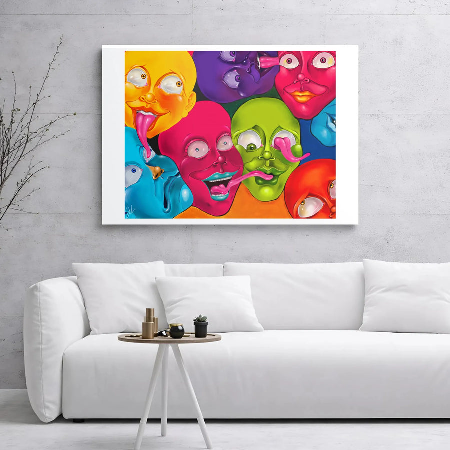 Psychedelic Abstract Face Canvas Art | Vibrant Surreal Tongue Faces Mural | Premium Gallery-Wrapped Print | Bold Modern Home Decor for Creative Spaces