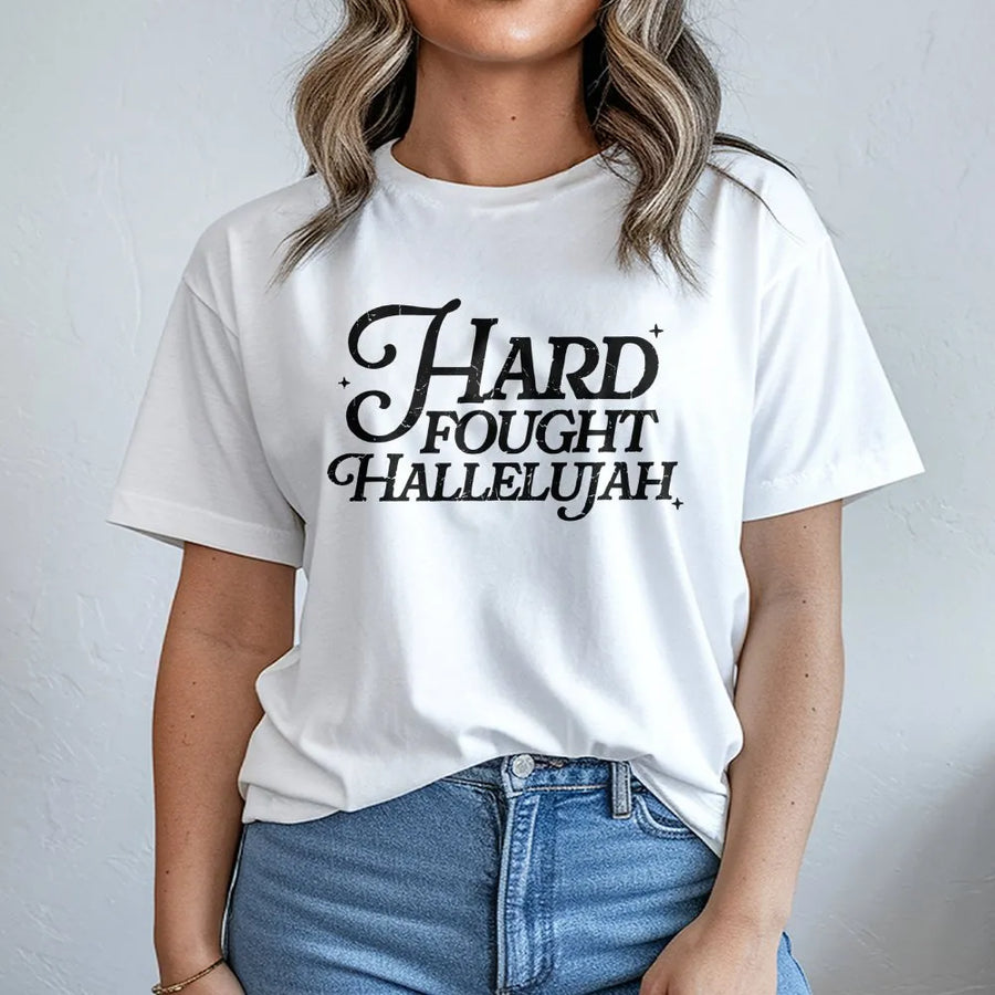 Hard Fought Hallelujah T-Shirt | Distressed Vintage Typography Design | Premium Soft Cotton | Faith-Based Christian Gift for Believers