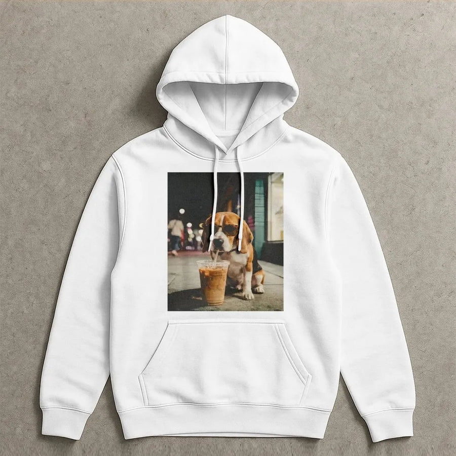 Funny Dog Iced Coffee Hoodie | Beagle Wearing Sunglasses Graphic | Premium Cotton Blend Pullover | Gift for Dog Mom, Coffee Lover