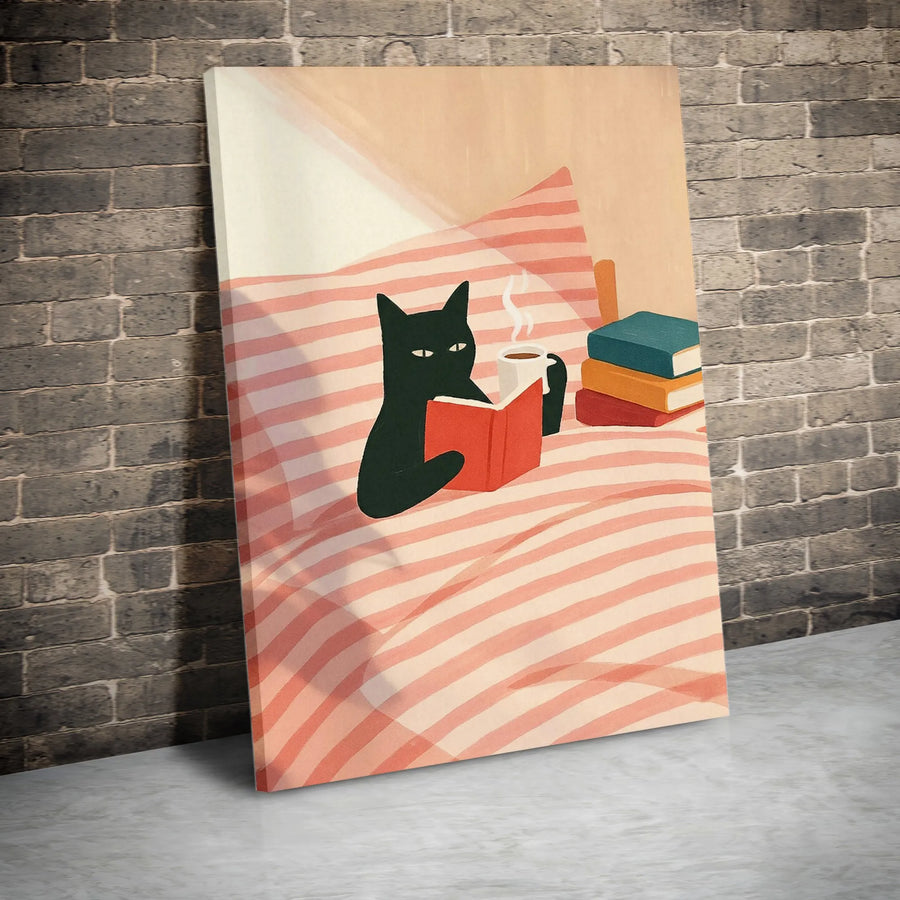Black Cat Canvas Wall Art | Reading Book And Coffee Design | Premium Fade-Resistant Print | Cozy Home Decor Gift For Cat Lovers