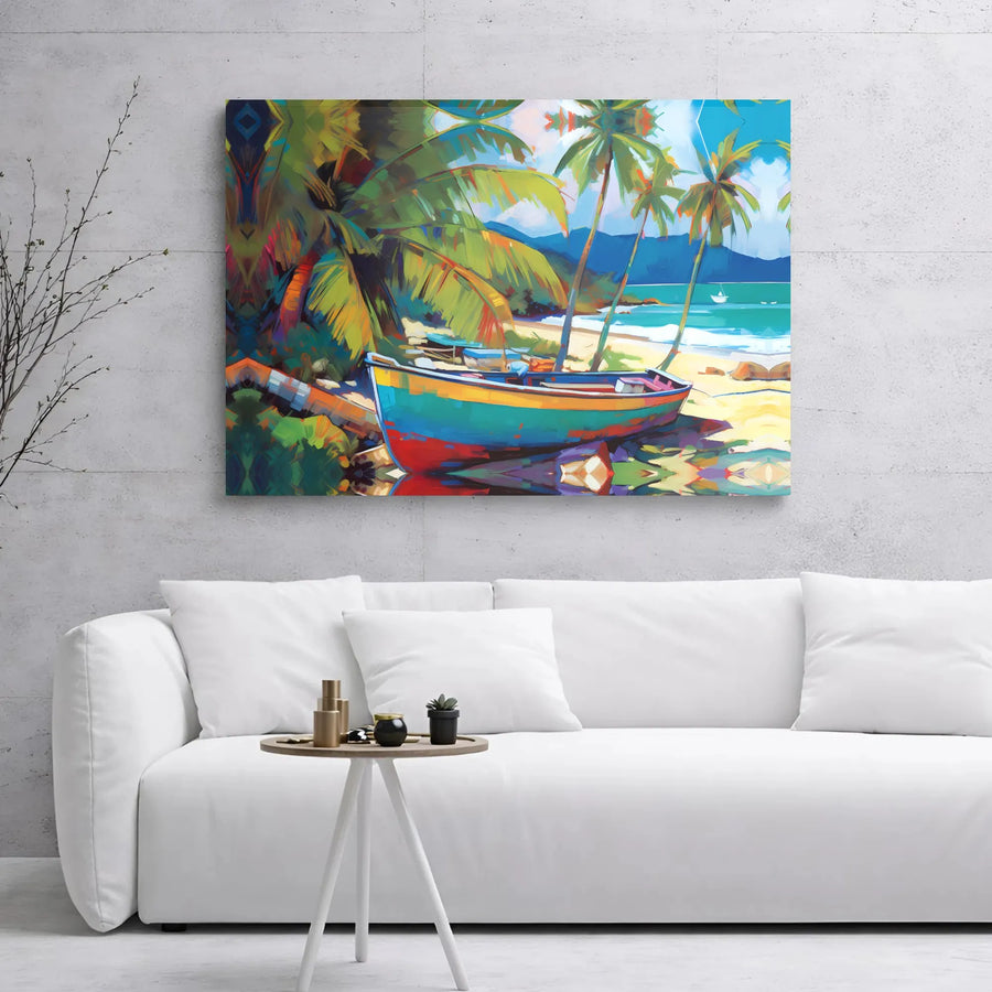 Tropical Beach Canvas Wall Art | Colorful Boat Nautical Painting | Premium Gallery Wrap Print | Coastal Home Decor Gift for Beach Lovers