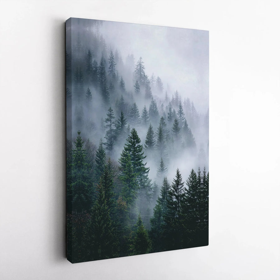 Misty Pine Forest Canvas Print | Moody Evergreen Nature Wall Art | 1.25 Inch Gallery Wrap | Serene Forest Landscape Decor for Living Room