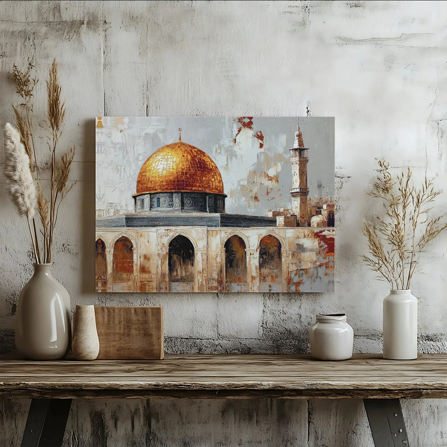 Dome of the Rock Jerusalem Horizontal Canvas | Gold Dome Islamic Painting Style Art | Premium 1.25” Gallery Wrap | Spiritual Muslim Home Decor Housewarming Gift