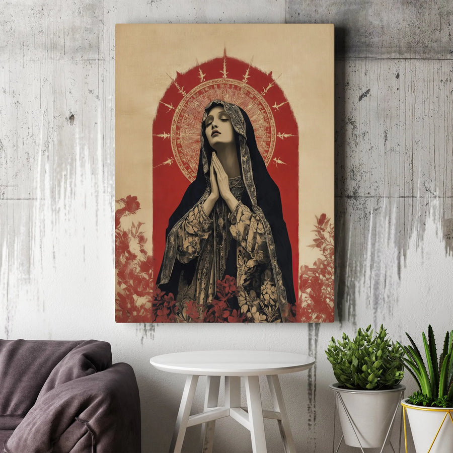 Virgin Mary Wall Art | Praying Madonna Red Halo Design | Premium Gallery Wrap Canvas | Religious Home Decor Gift