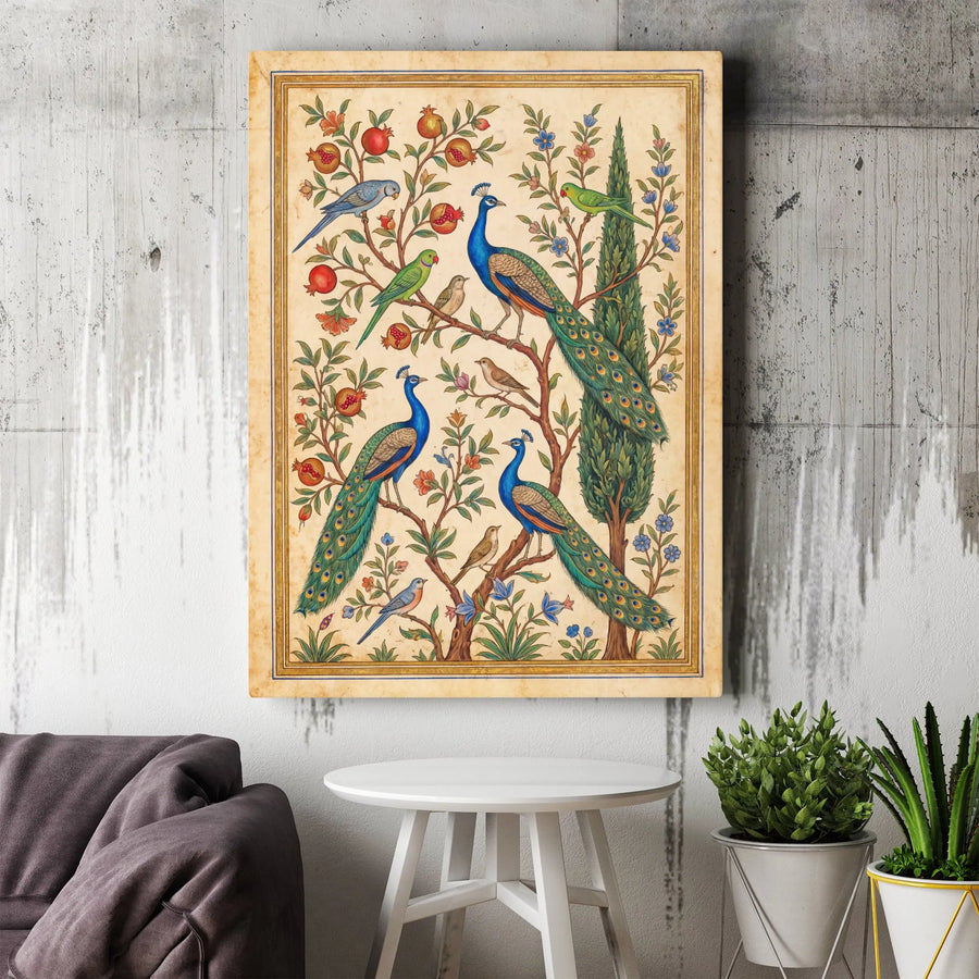 Vintage Peacock Persian Art Vertical Canvas | Mughal Pomegranate & Bird Garden Design | Premium 1.25 Inch Stretched Canvas | Elegant Living Room Wall Art Gift