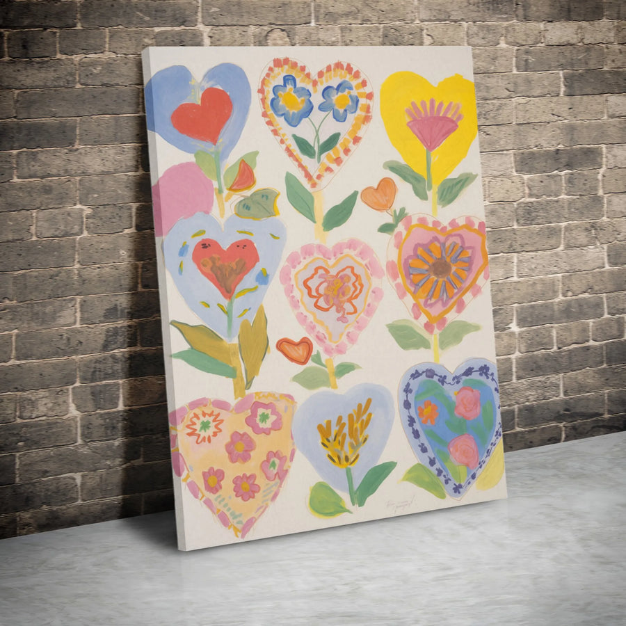 Colorful Heart Flower Wall Art | Folk Art Botanical Canvas Print | 1.25" Premium Gallery Wrapped Decor | Whimsical Floral Gift for Home