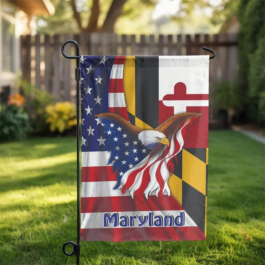 Maryland State Flag Garden Flag | Bald Eagle USA Patriotic Design | Weather-Resistant Premium Polyester | Outdoor Home Yard Decor Gift