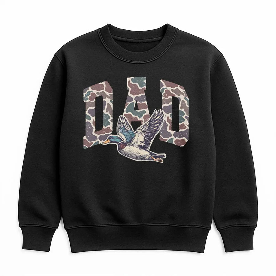Camo Dad Sweatshirt | Flying Mallard Duck Hunting Graphic | Premium Cotton Blend Fleece | Father's Day 2026 Gift for Outdoorsmen