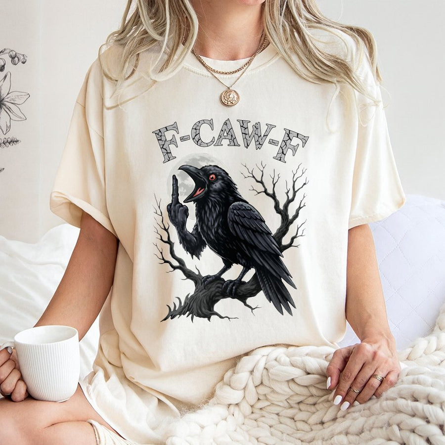 Angry Raven Graphic T-Shirt | F-Caw-F Funny Bird Design | 100% Cotton Premium Tee | Edgy Streetwear Gift for Men and Women