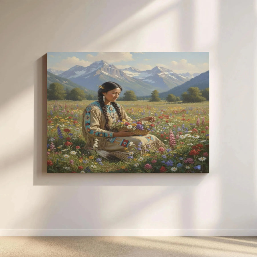 Native American Woman Canvas Wall Art | Mountain Meadow Wildflower Print | Premium 1.25-Inch Gallery Wrap | Western Home Decor Gift