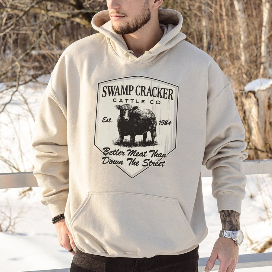 Swamp Cracker Cattle Co Hoodie | Funny Beef Farm Graphic Logo | Premium Cotton Blend Apparel | Unique Rancher Farmer Gift Idea