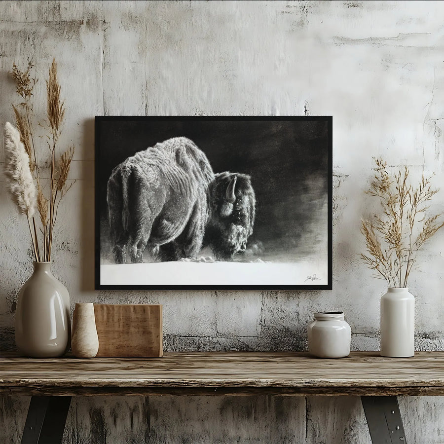 American Bison Canvas Wall Art | Charcoal Winter Wildlife Print | Premium Gallery-Wrapped Portrait | Rustic Lodge & Cabin Home Decor Gift