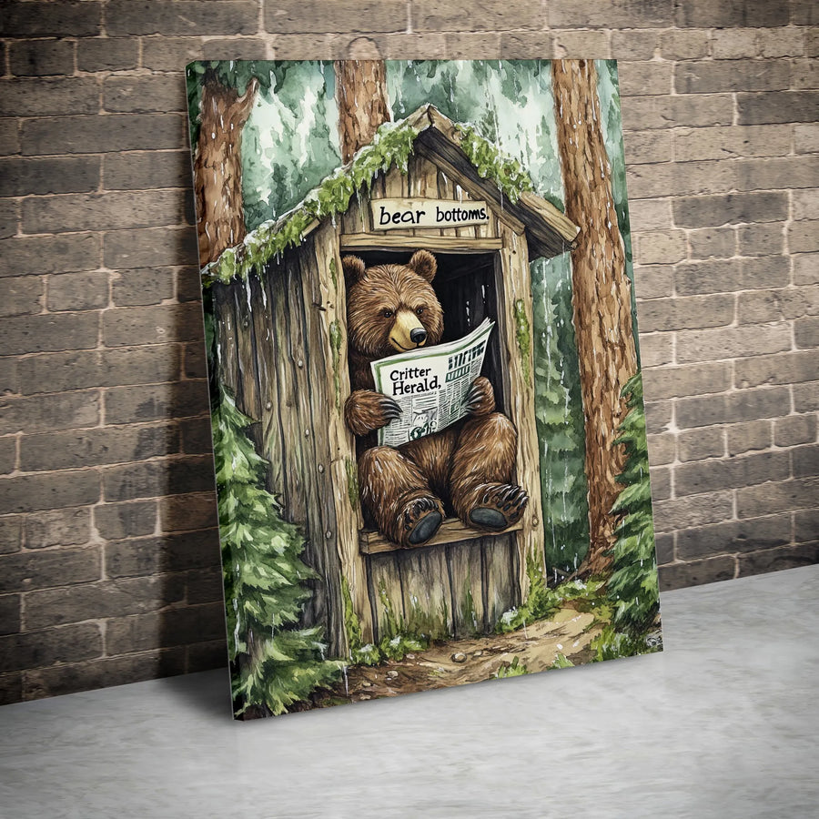 Funny Bear in Outhouse Wall Art | Whimsical Animal Reading Newspaper Print | Premium Gallery Wrap Canvas | Rustic Bathroom Decor Gift for Bear Lovers