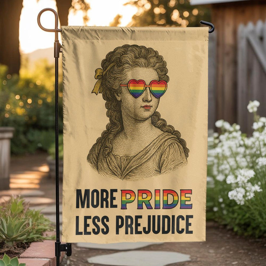 More Pride Less Prejudice Garden Flag | LGBTQ Pride Decor with Vintage Aesthetic | Weather-Resistant Polyester | Outdoor Yard Sign Gift for Proud Allies