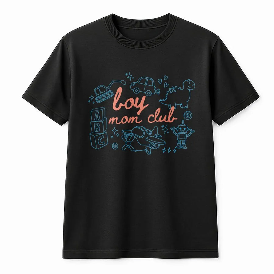 Boy Mom Club T-Shirt | Cute Toy Doodle Graphic Crewneck | Cozy Cotton Blend Pullover | Mother's Day Gift for New Mama of Boys
