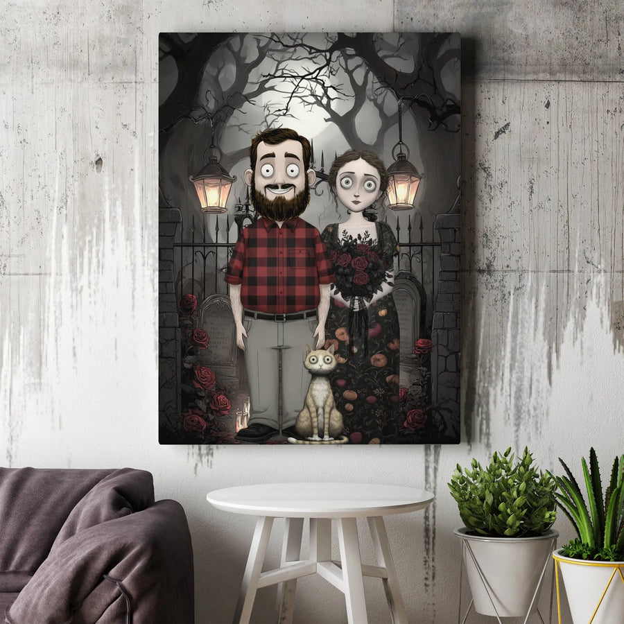 Gothic Couple Portrait Canvas | Spooky Cemetery Art Print | Gallery Quality 1.25-Inch Profile | Dark Aesthetic Home Decor Gift