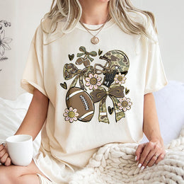 Football Camo T-Shirt | Game Day Aesthetic with Bows and Flowers | 100% Cotton Premium Tee | Cute Fall Sports Fan Gift for Her