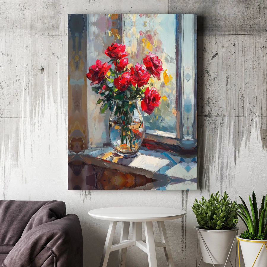 Red Rose Flower Canvas Print | Impressionist Still Life Painting | Gallery Wrapped Wall Art | Romantic Floral Home Decor Gift