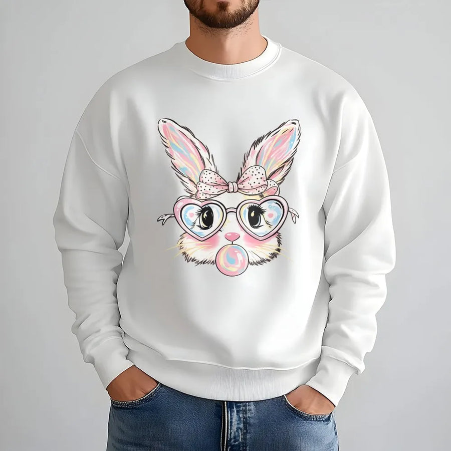 Easter Bunny Sweatshirt | Cute Rabbit With Heart Glasses And Bubblegum | Premium Cotton Blend Crewneck | Festive Spring Gift For Women