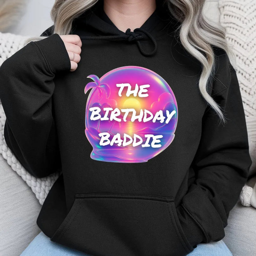 Birthday Baddie Hoodie | Vaporwave Retro Sunset Palm Tree Graphic | Premium Cotton Blend | Gift For Her Birthday Celebration