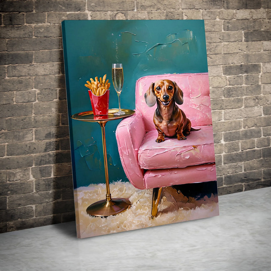 Dachshund Canvas Wall Art | Funny Dog with Champagne & Fries Painting | Premium 1.25" Thick Gallery Wrap | Unique Gift for Dog Lover