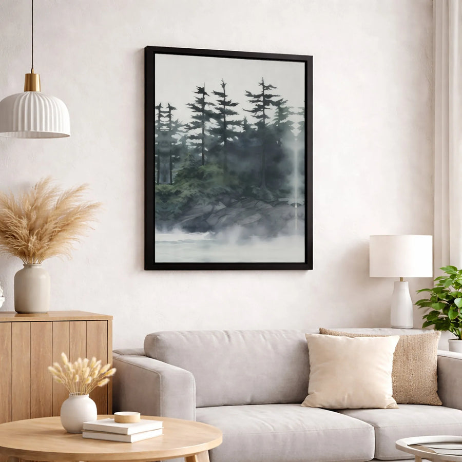 Foggy Pine Forest Canvas Wall Art | Misty Lake Shore Landscape | Premium Gallery Wrapped Print | Modern Nature Decor for Living Room Office