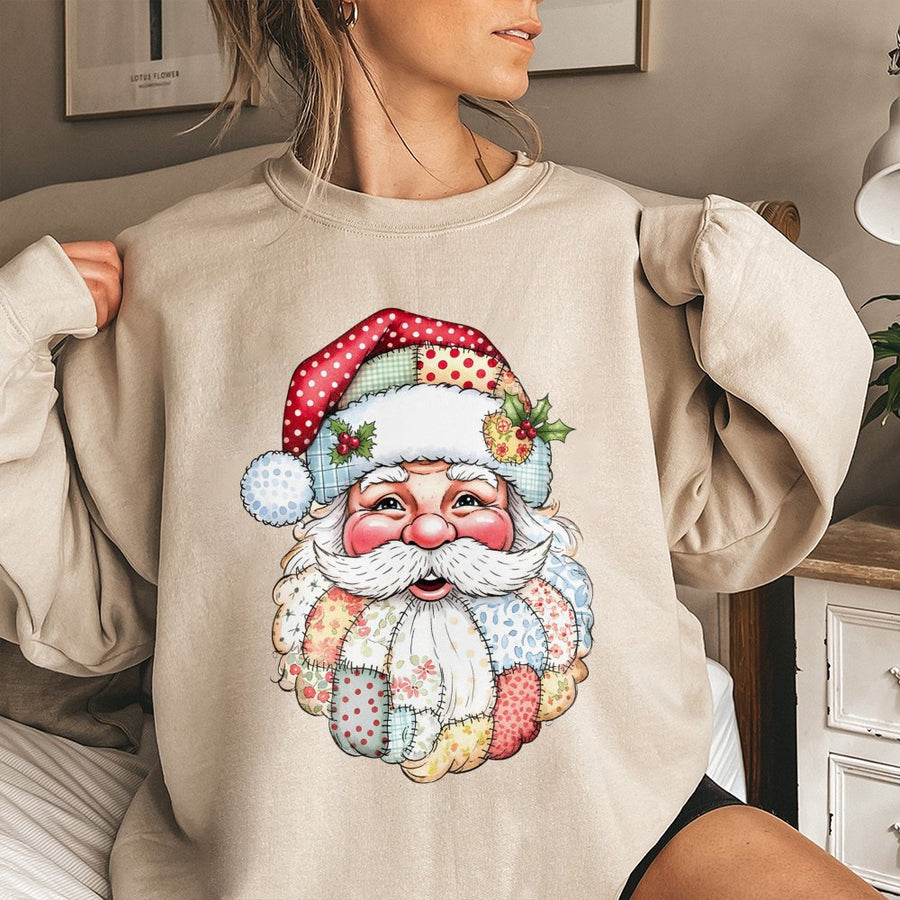 Patchwork Santa Sweatshirt | Vintage Quilt Style Christmas Design | Premium Cotton Blend | Cozy Holiday Gift for Women and Men